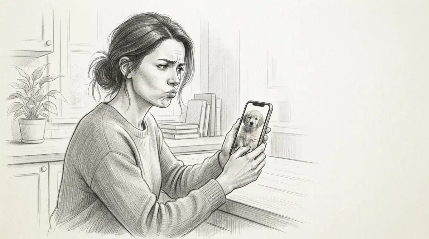 Person on video call showing a skeptical expression