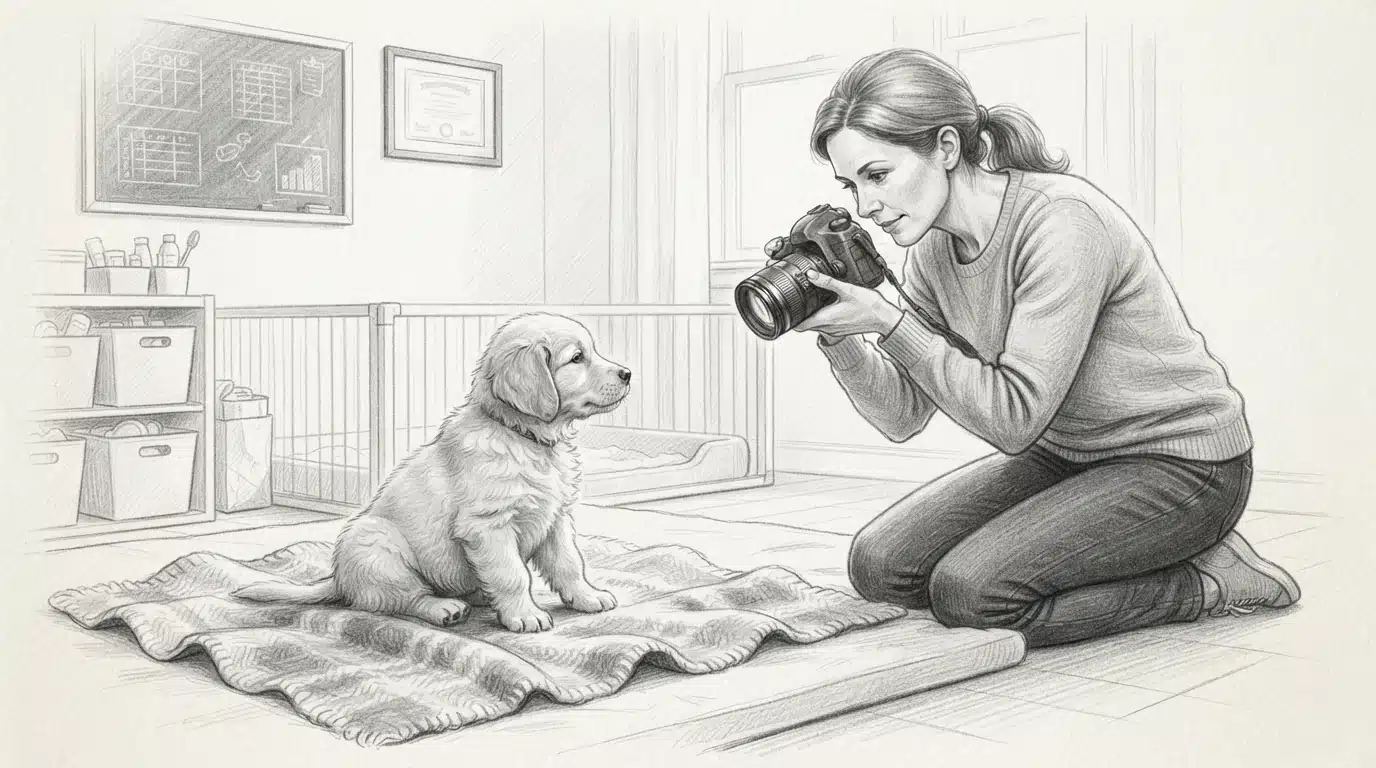 Breeder photographing puppy on blanket