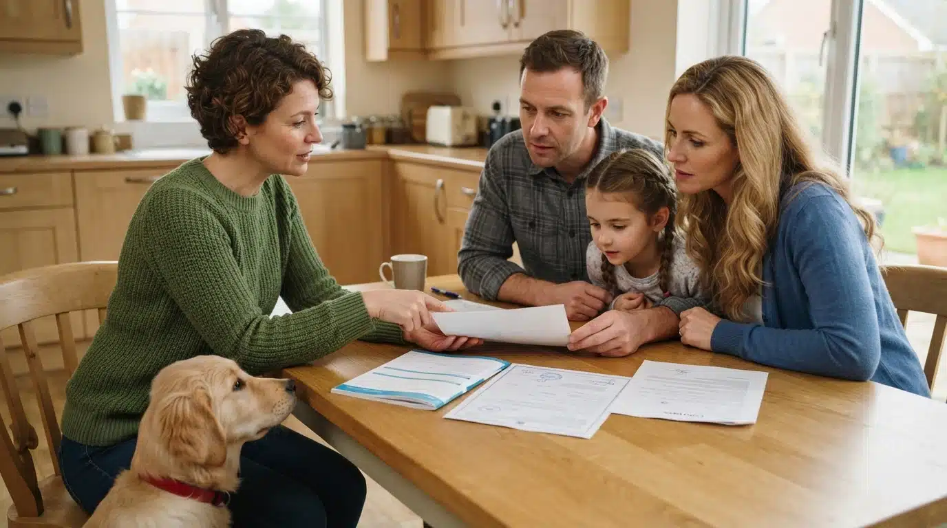 Family reviewing puppy paperwork with breeder