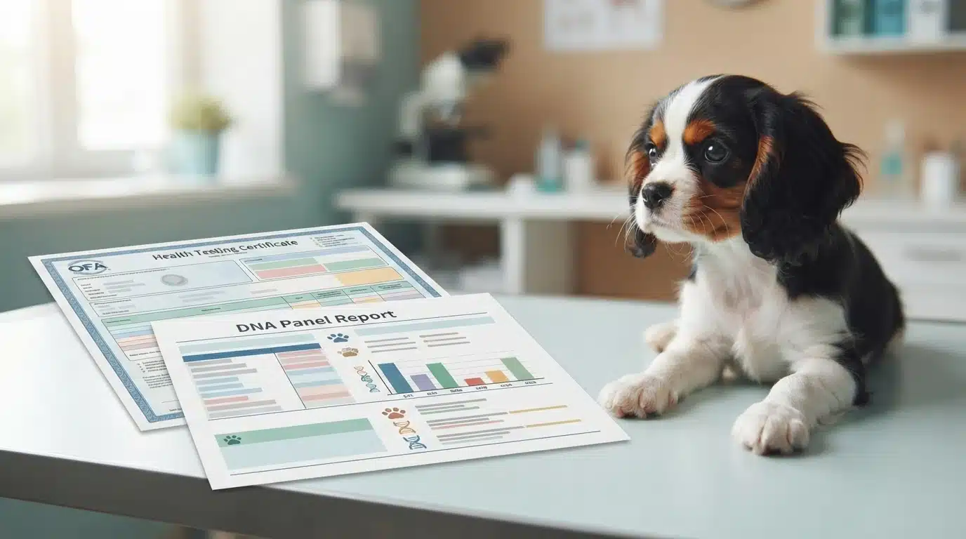 Health testing certificates beside small dog