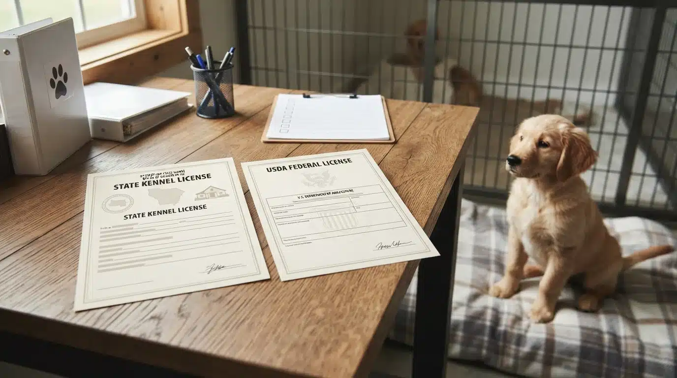 Two permits on a desk beside a puppy