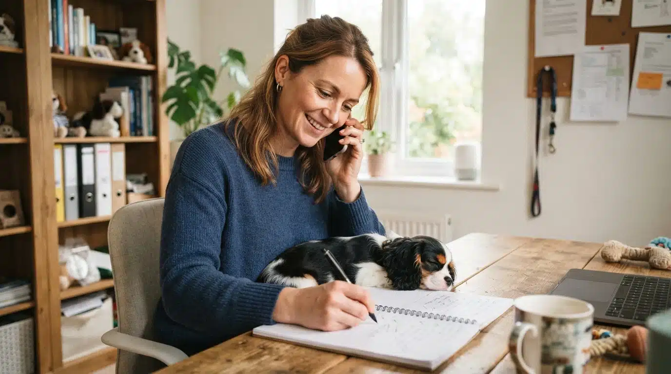Woman taking notes during a phone call with puppy on lap
