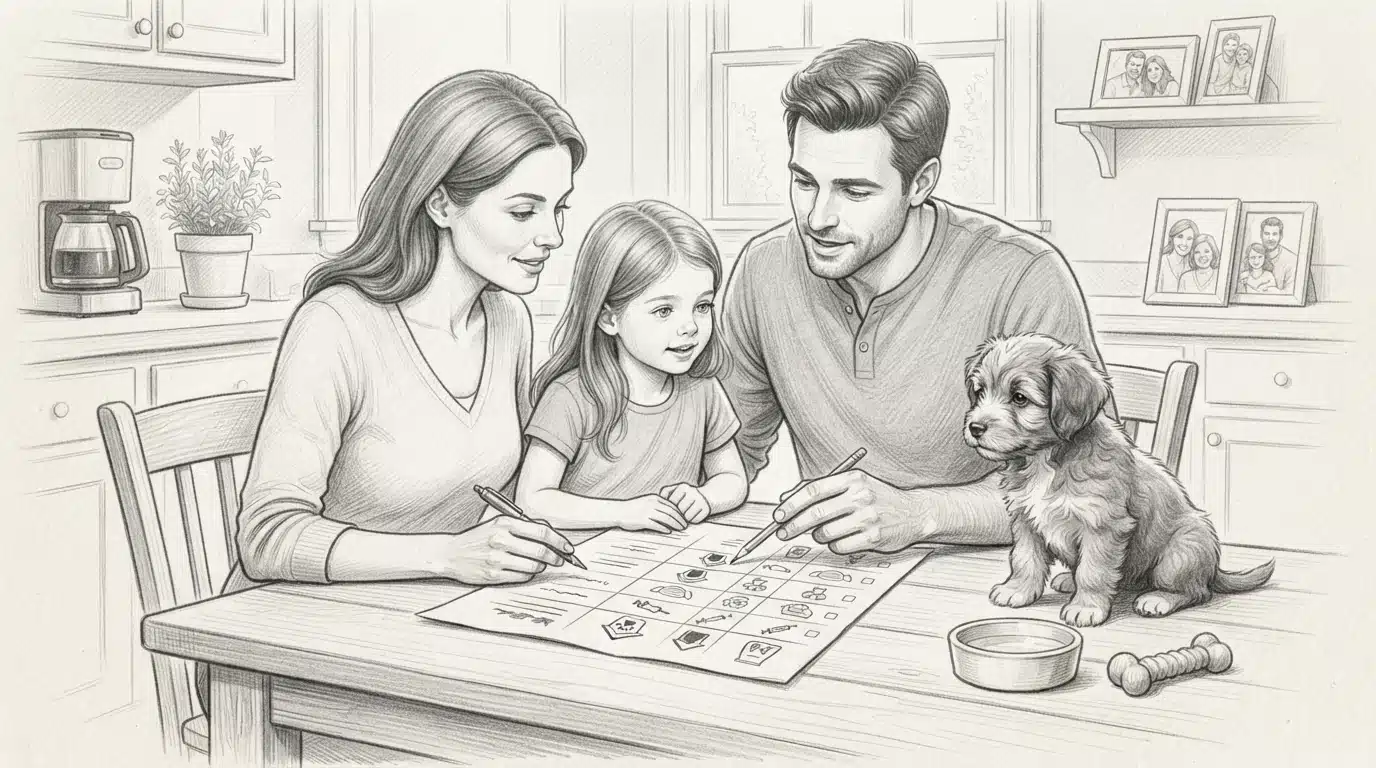 Family reviewing puppy cost checklist at table