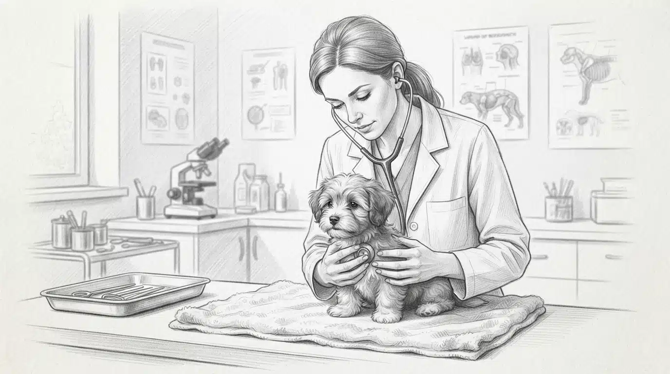Vet examines a small Havanese puppy with a stethoscope