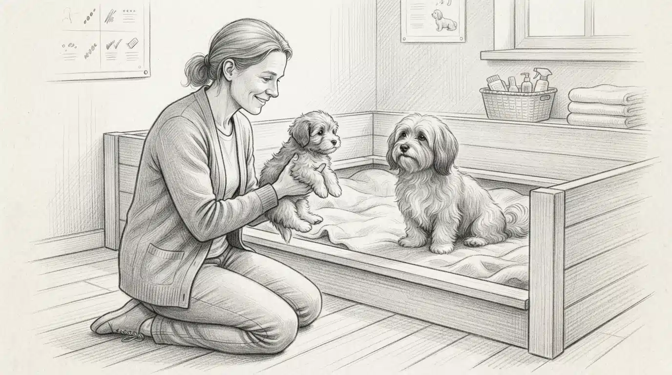 Breeder holding a Havanese puppy beside its mother