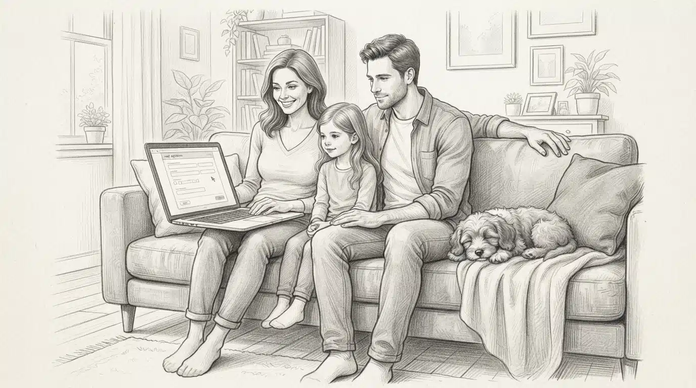 Family fills out puppy application beside resting puppy