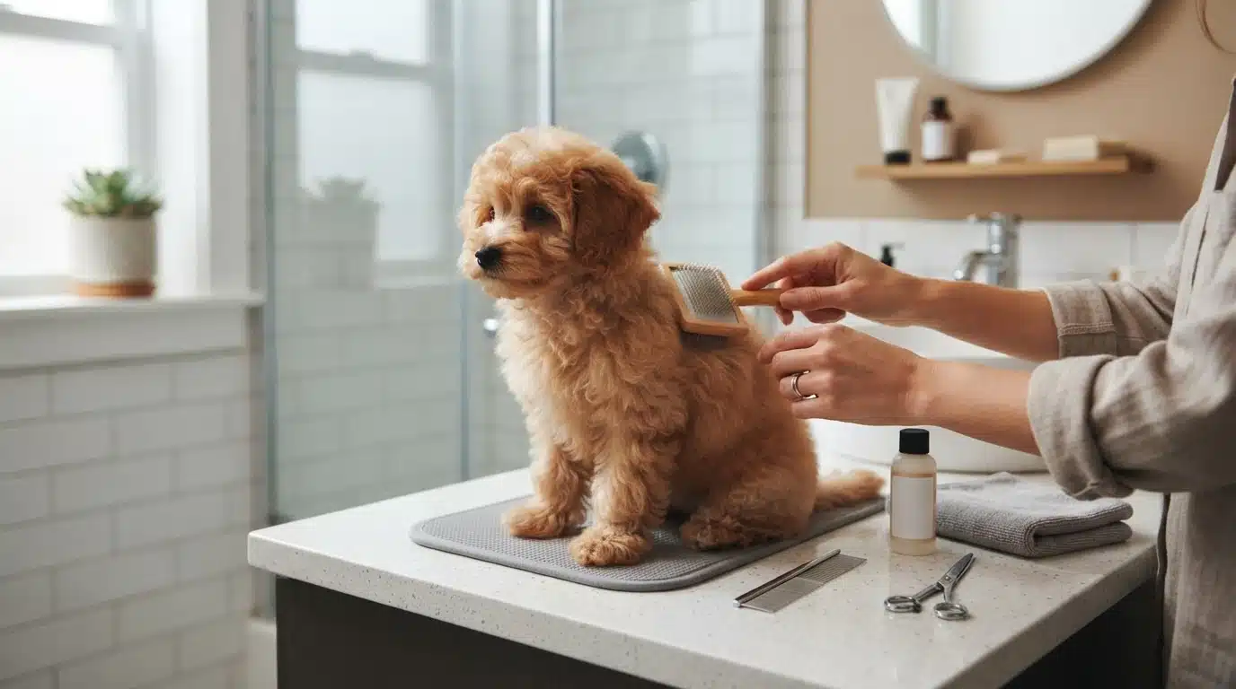 Small fluffy puppy being brushed on bathroom counter