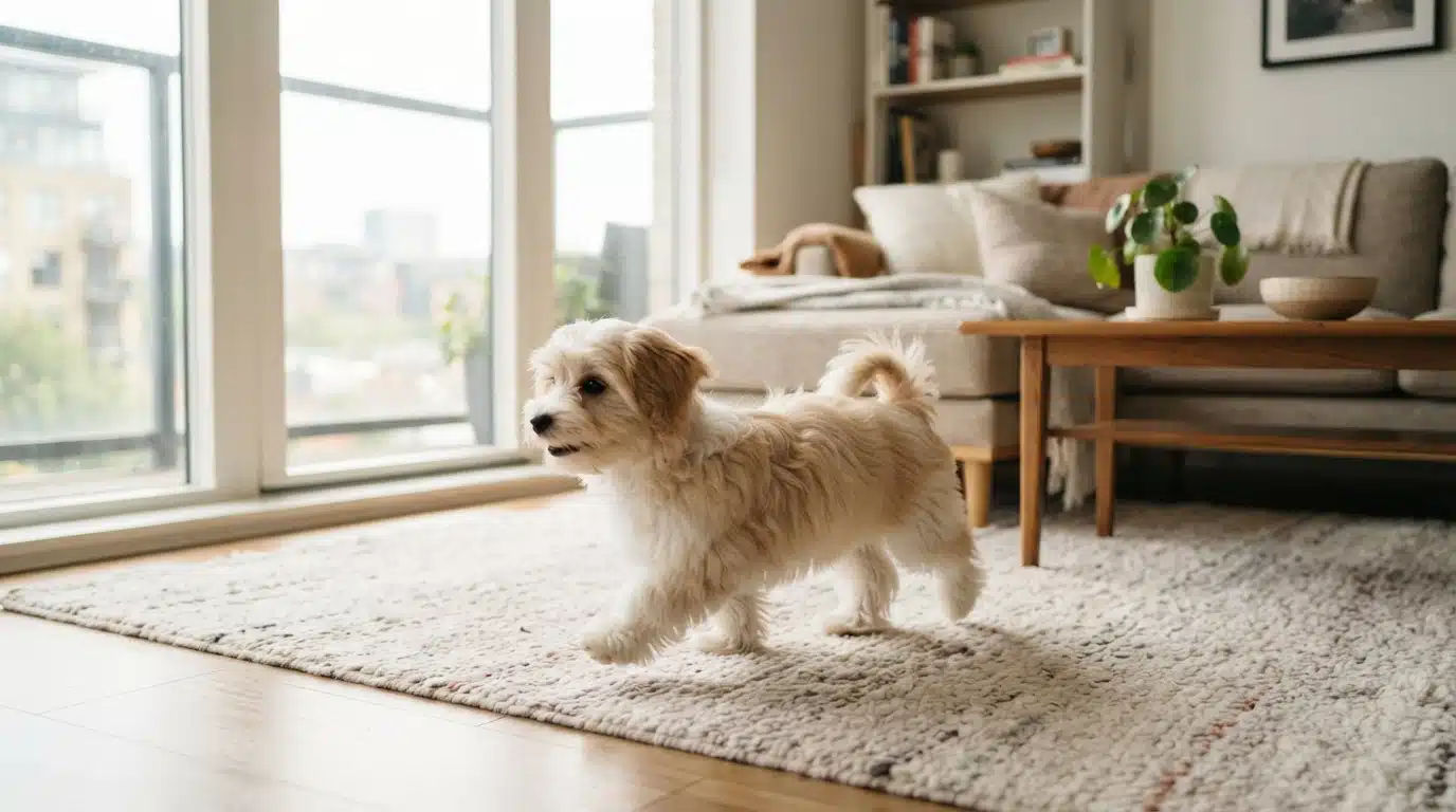 Havanese puppy trotting across sunlit apartment rug