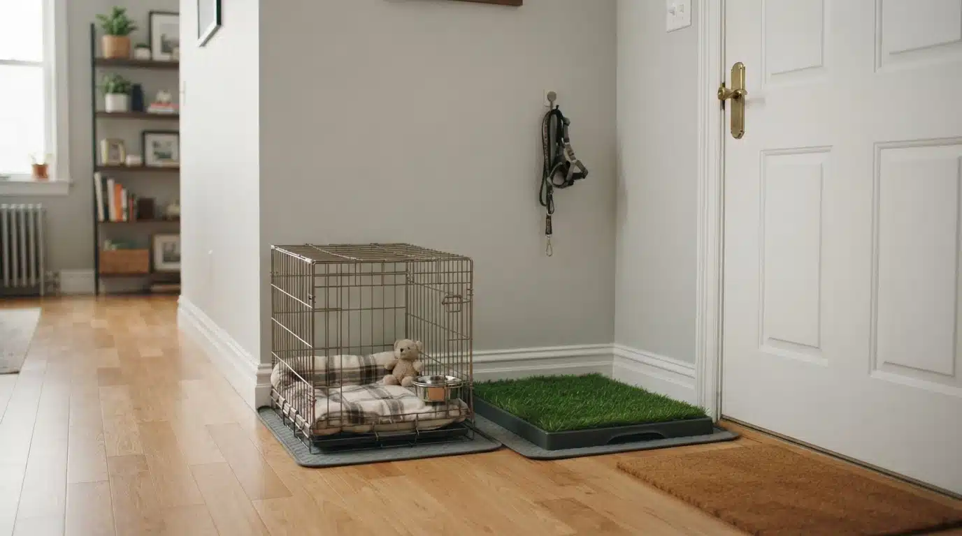 Small puppy crate beside grass potty pad