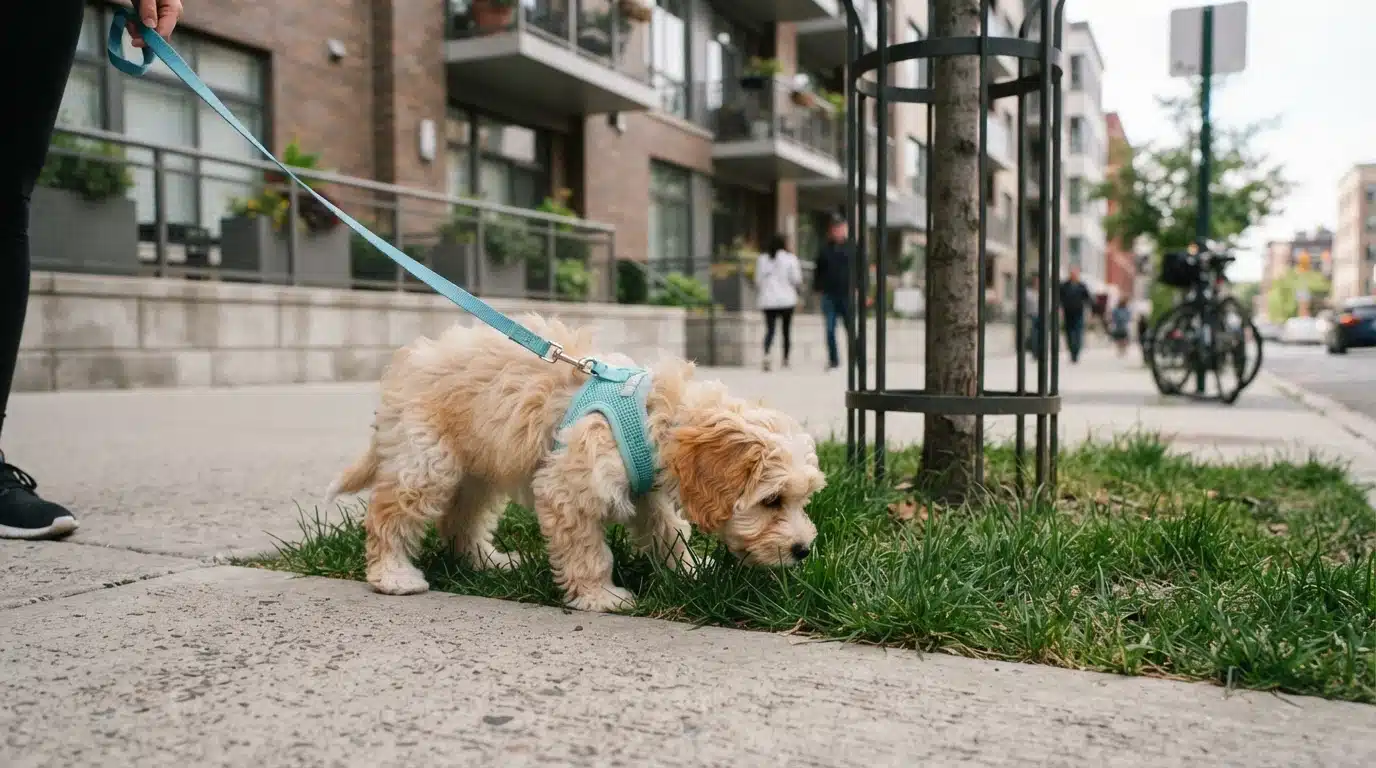 Puppy sniffing grass beside city sidewalk on leash