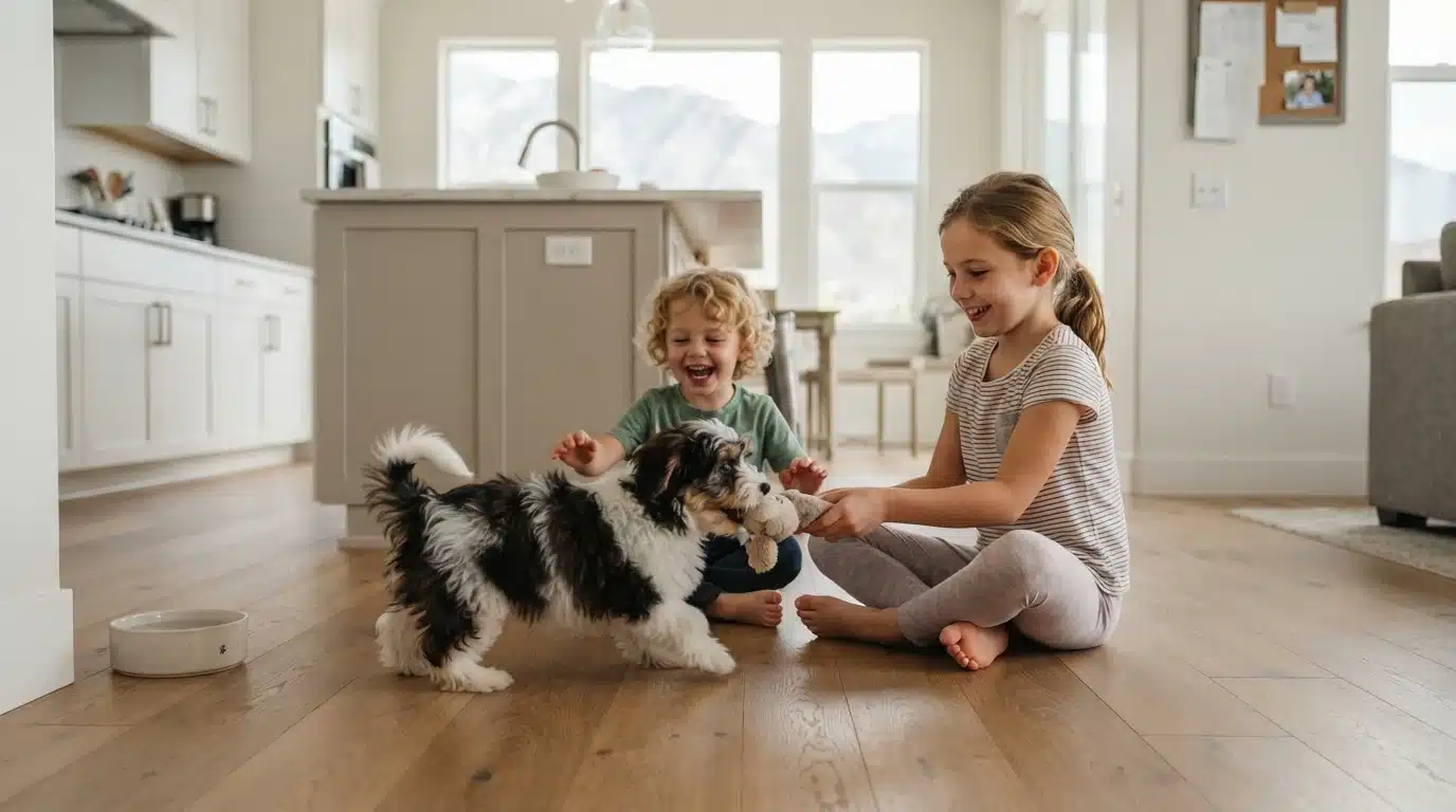 Havanese puppy playing with children on a kitchen floor