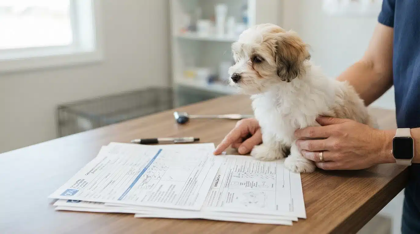 Health certificate and Havanese dog on a breeder's table