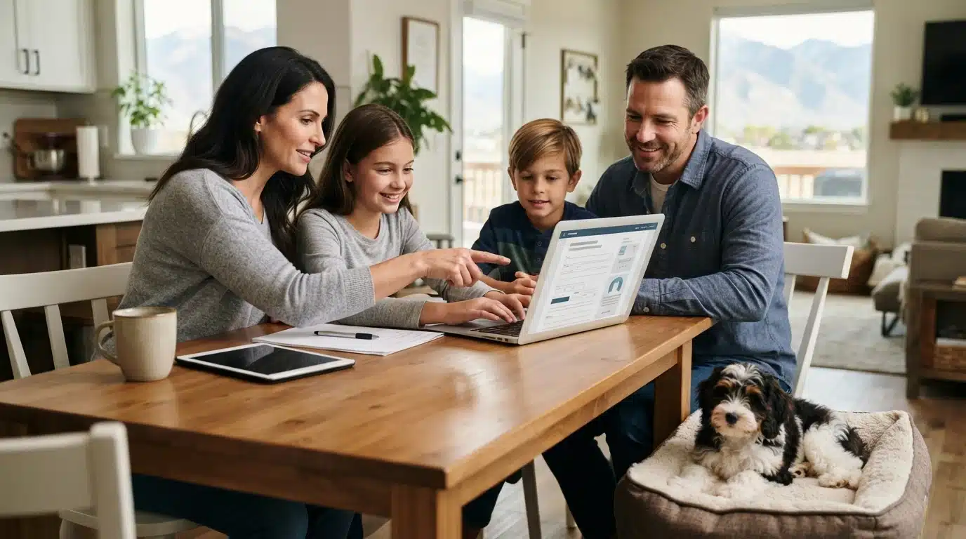 Family filling out an application at a kitchen table with a Cavapoo