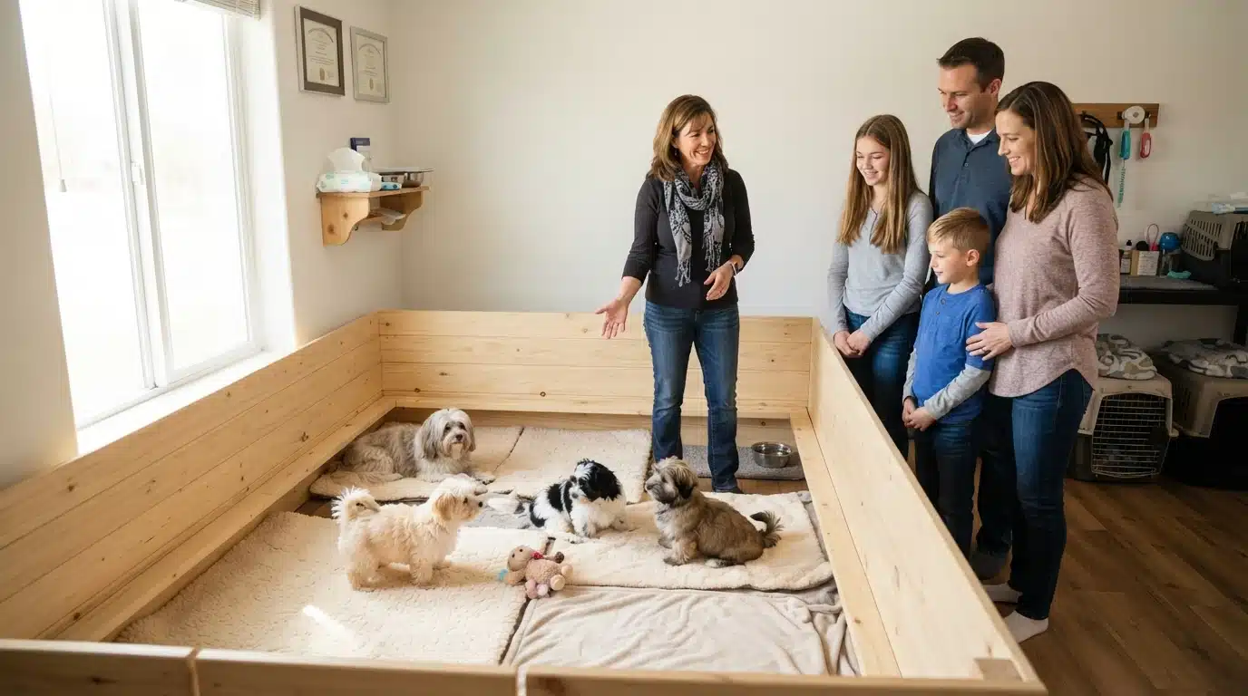 Breeder showing family sunlit whelping room with puppies