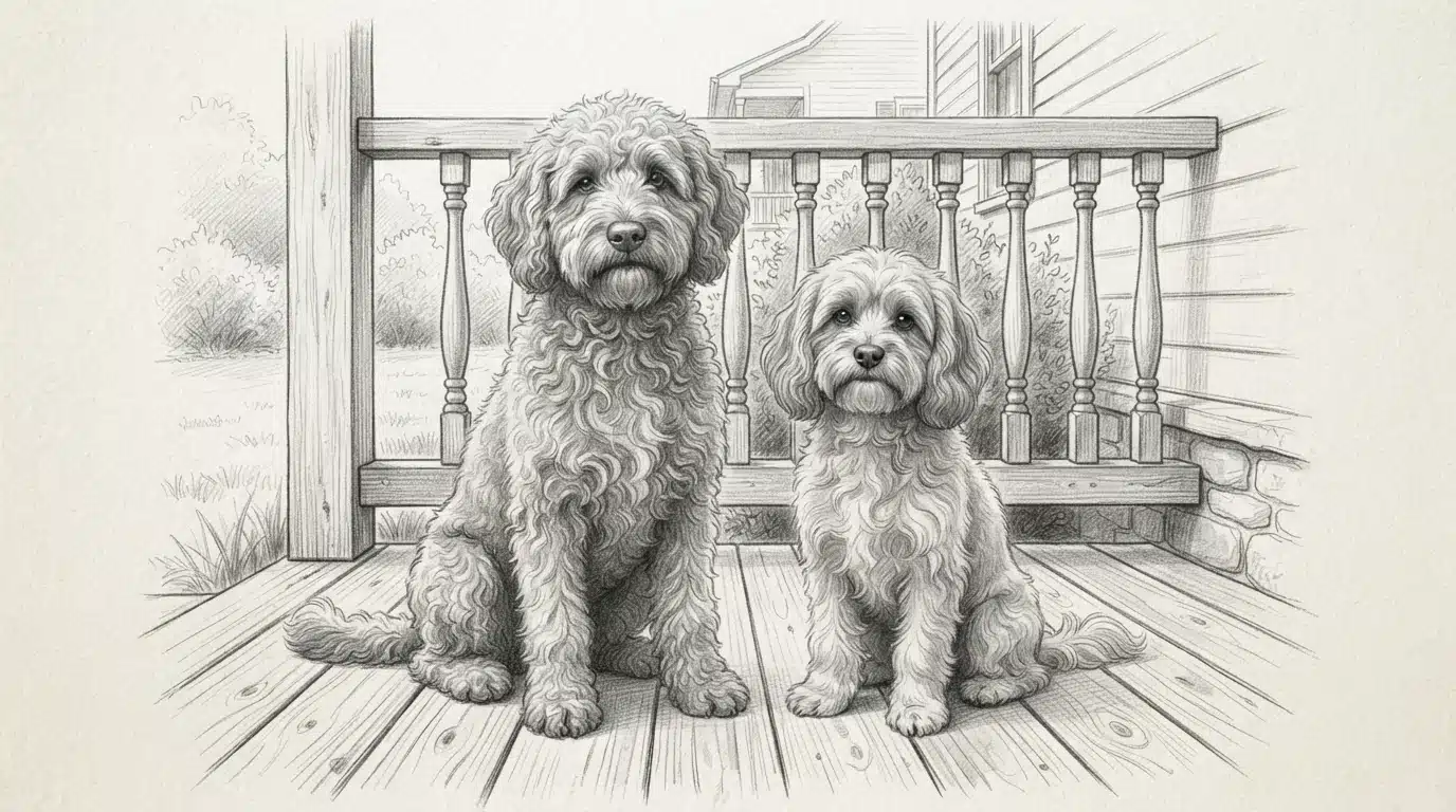 Two doodle dogs sitting on a porch
