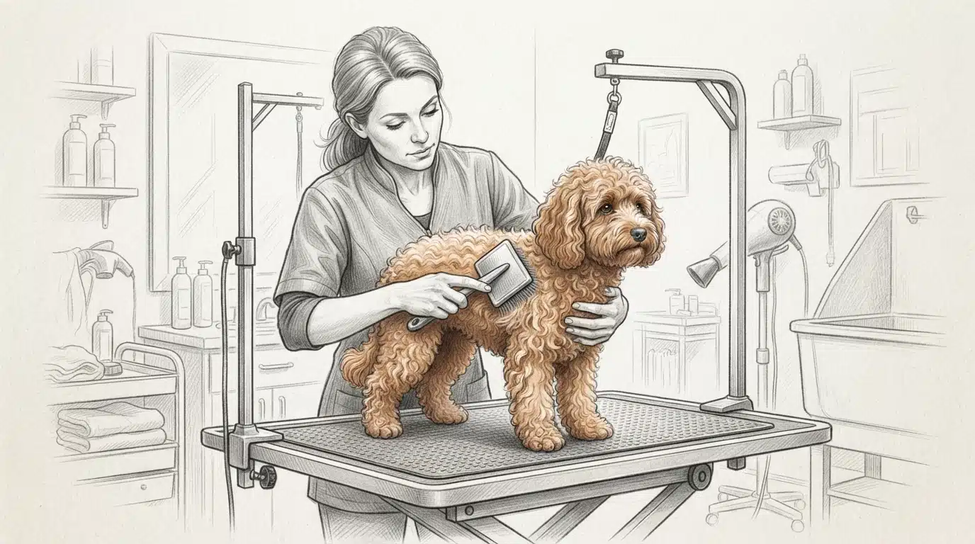 Groomer brushing a curly doodle coat