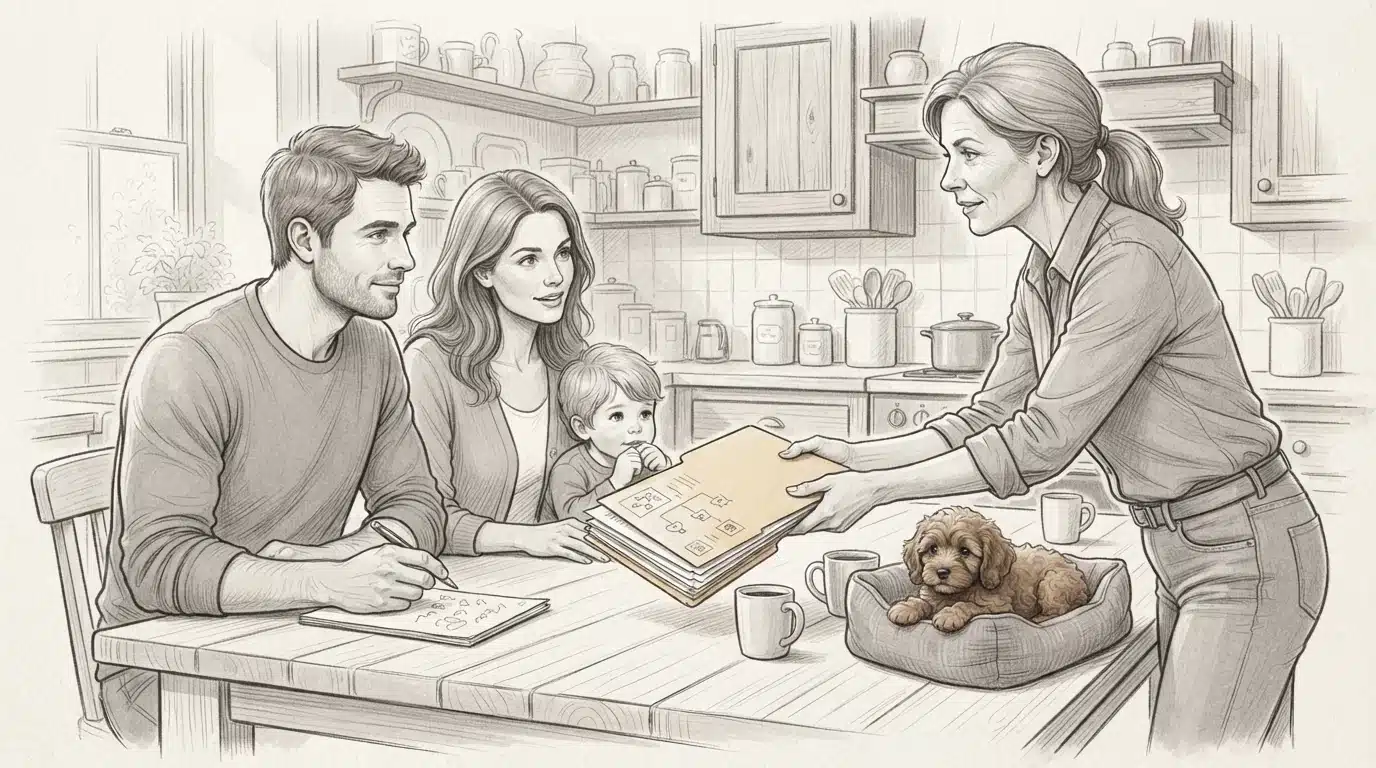 Breeder hands health folder to family at table