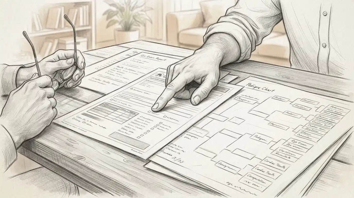 Hand pointing at pet health certificates and pedigree