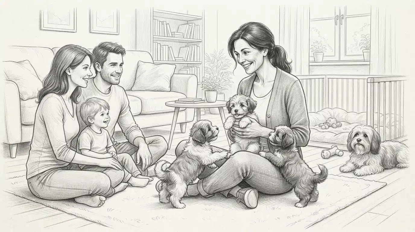 Breeder with three Havanese puppies on floor