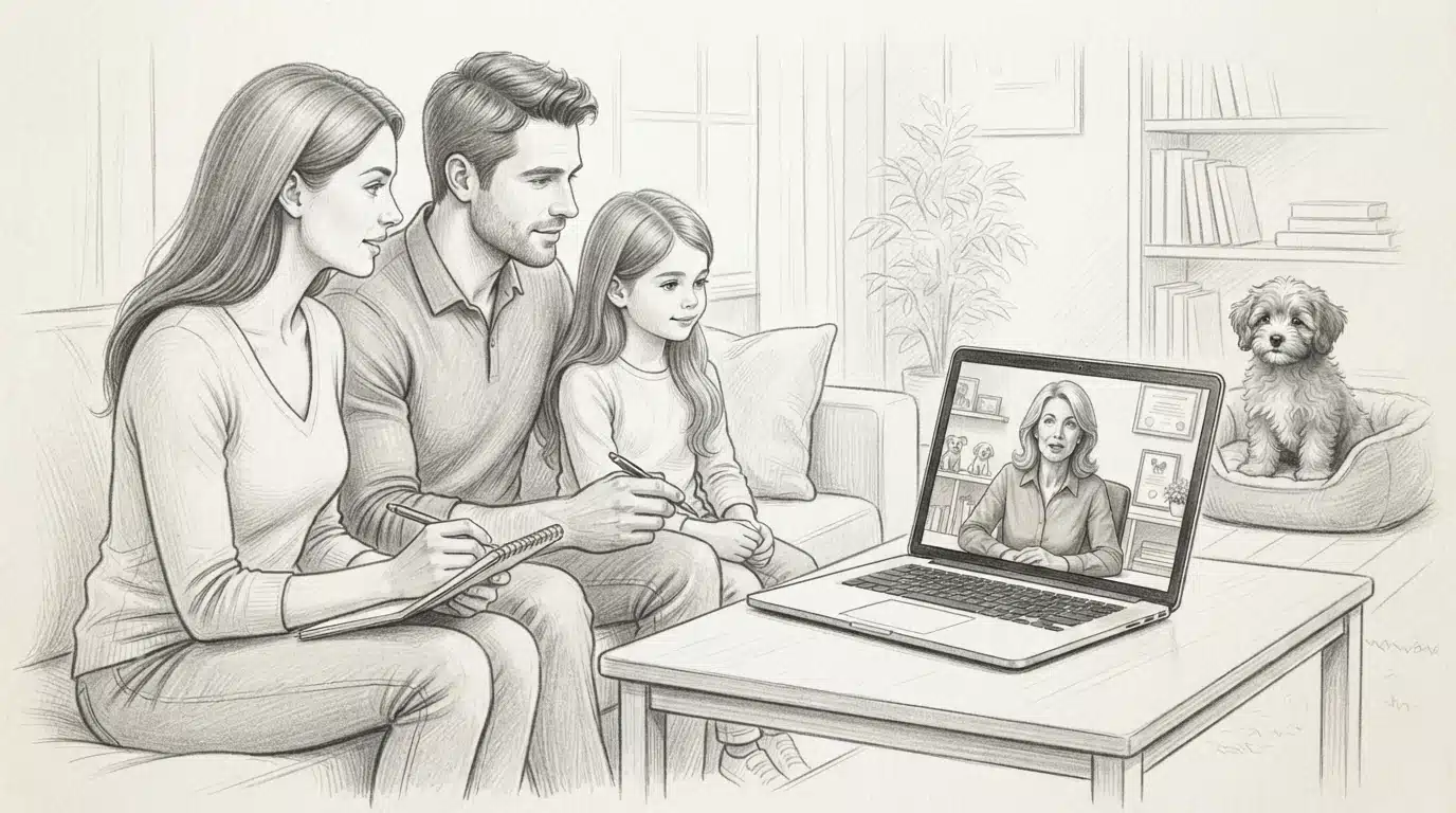 Family taking notes on a breeder video call