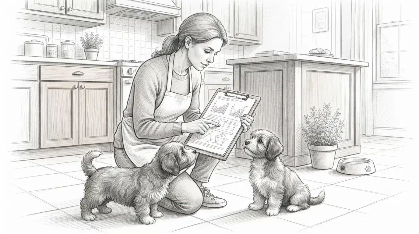 Breeder reviews paperwork with two Havanese dogs