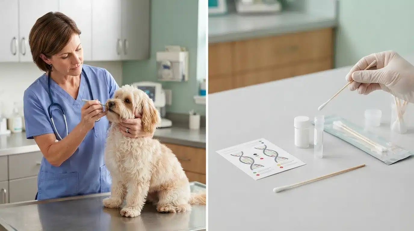 Veterinarian examining a dog beside a DNA swab kit