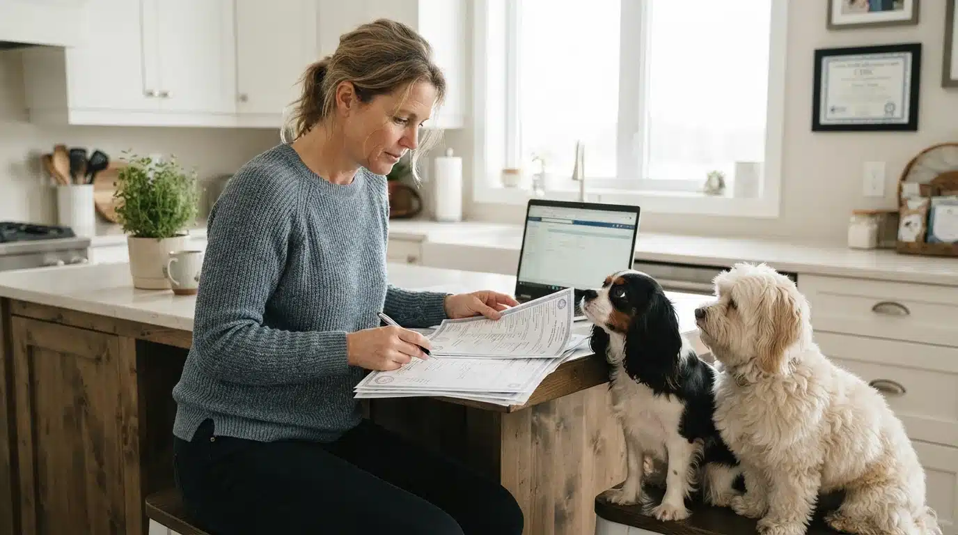 Breeder reviewing printed OFA certificates with dogs