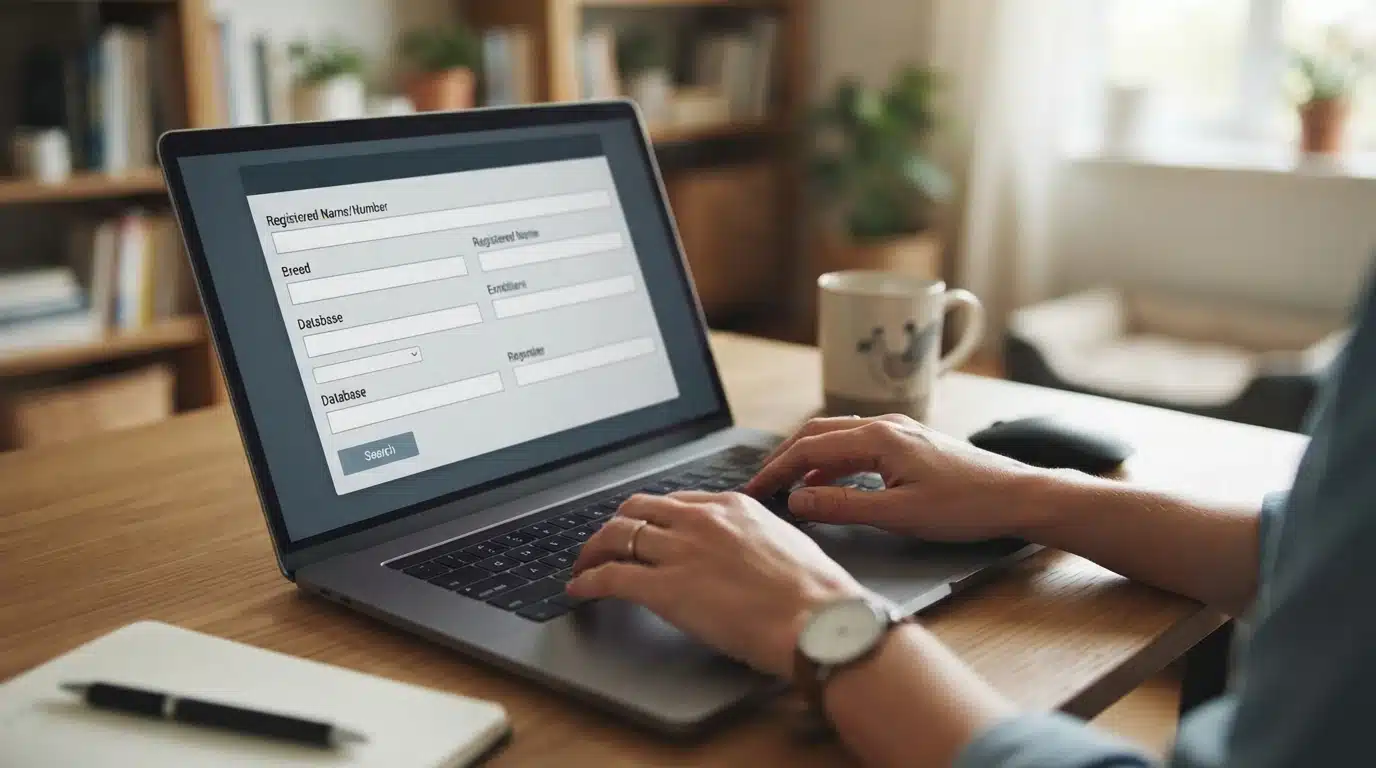 Hands entering a dog's registered name on a laptop