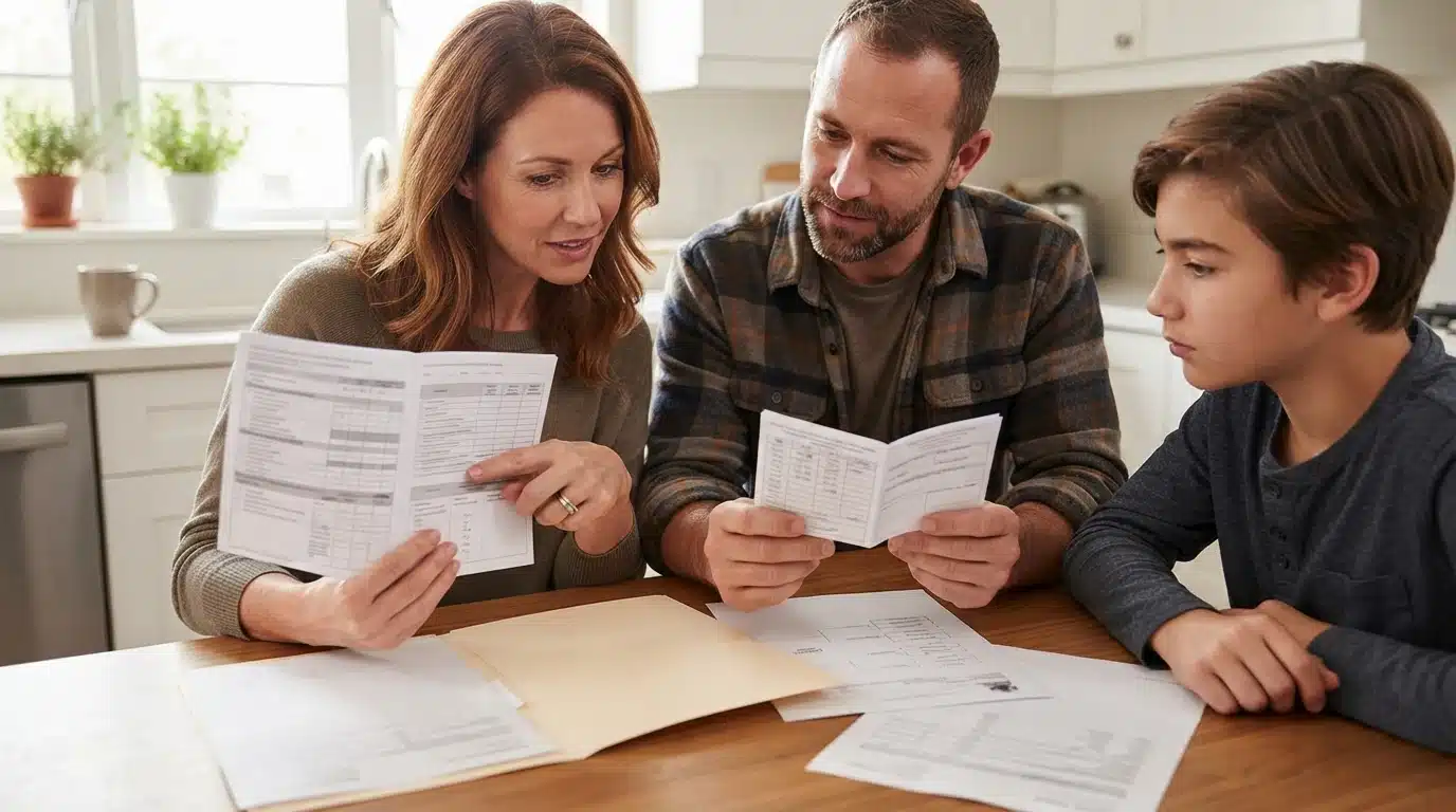 Family comparing puppy health records at kitchen table