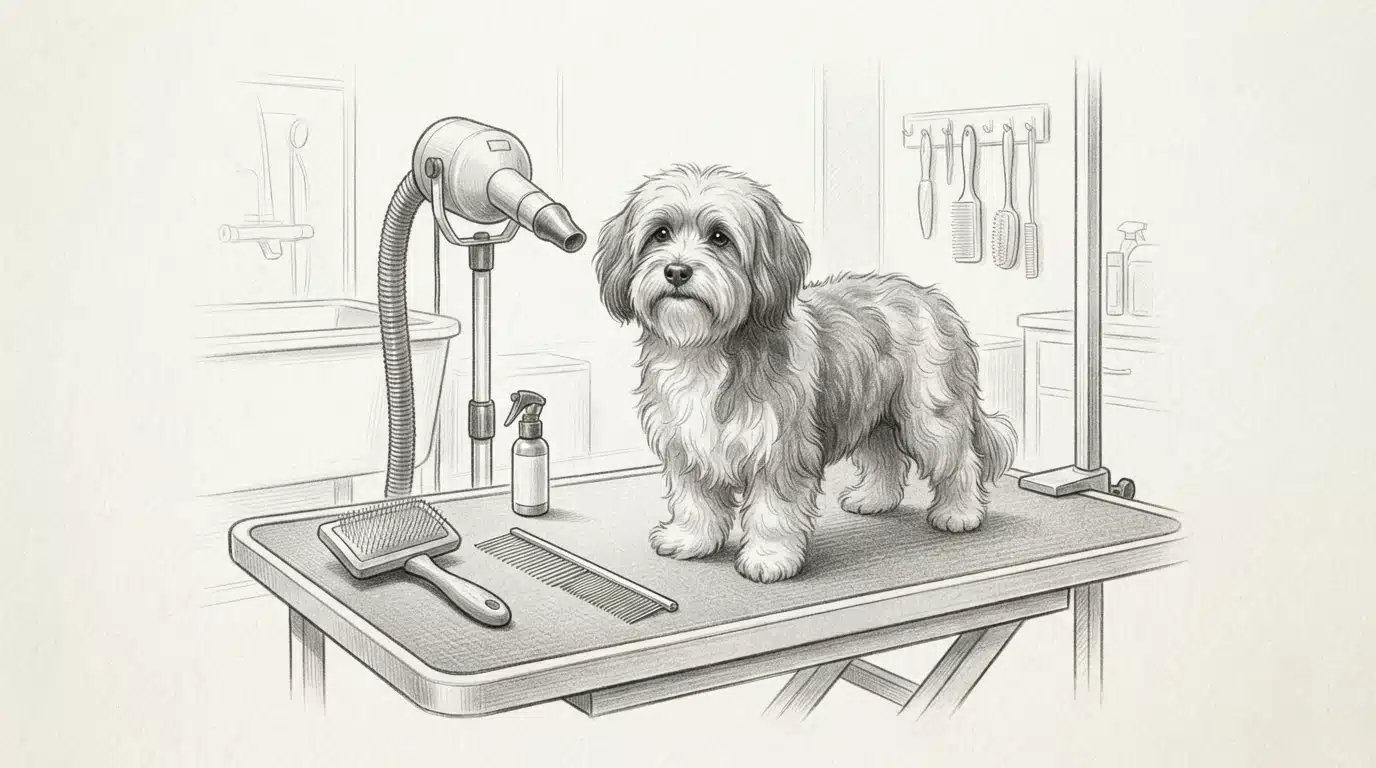 Havanese grooming tools laid out on table