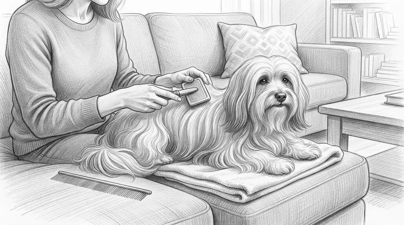 Owner brushing a long-coated Havanese on a couch
