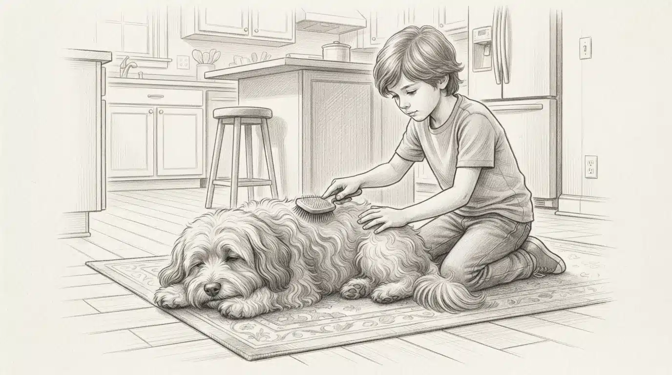 Child brushing a Havanese on the kitchen floor