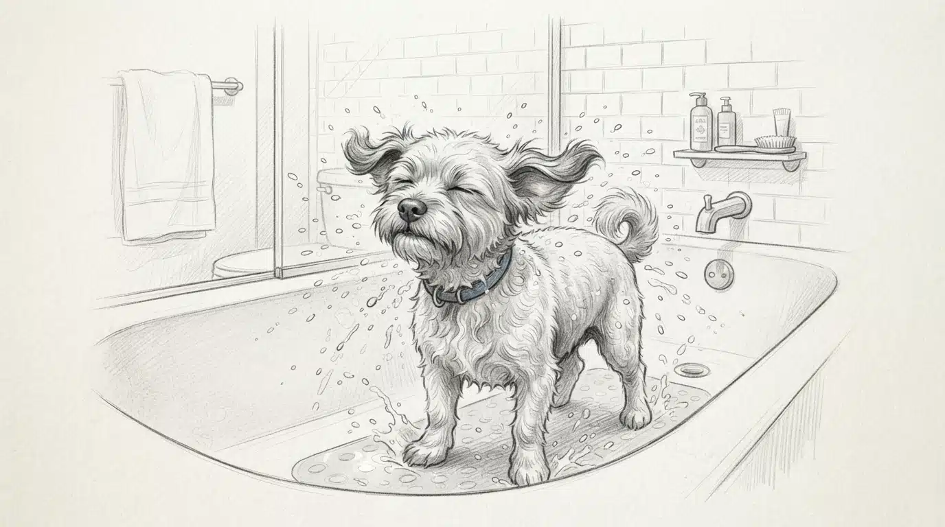 Havanese shaking after bath in short puppy cut