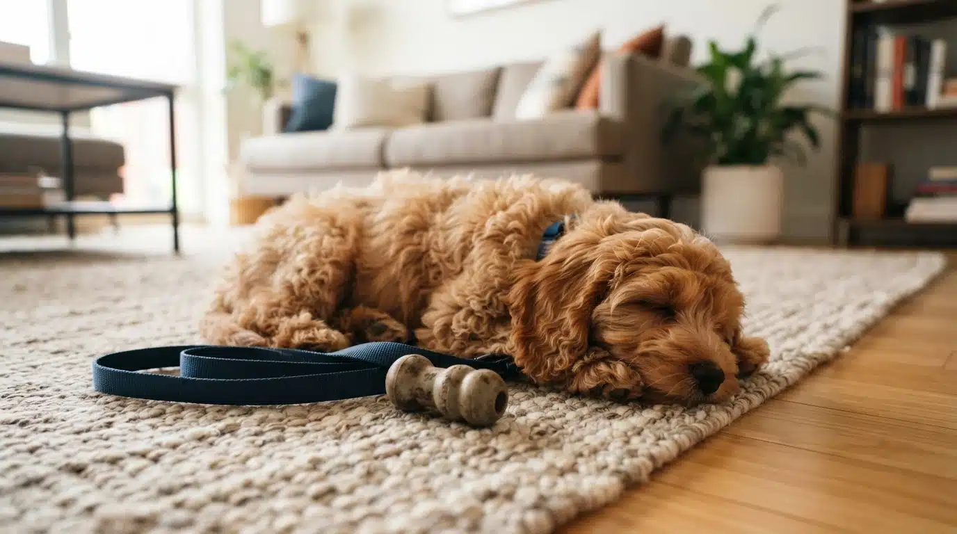 Apricot Cavapoo puppy resting beside leash and toy