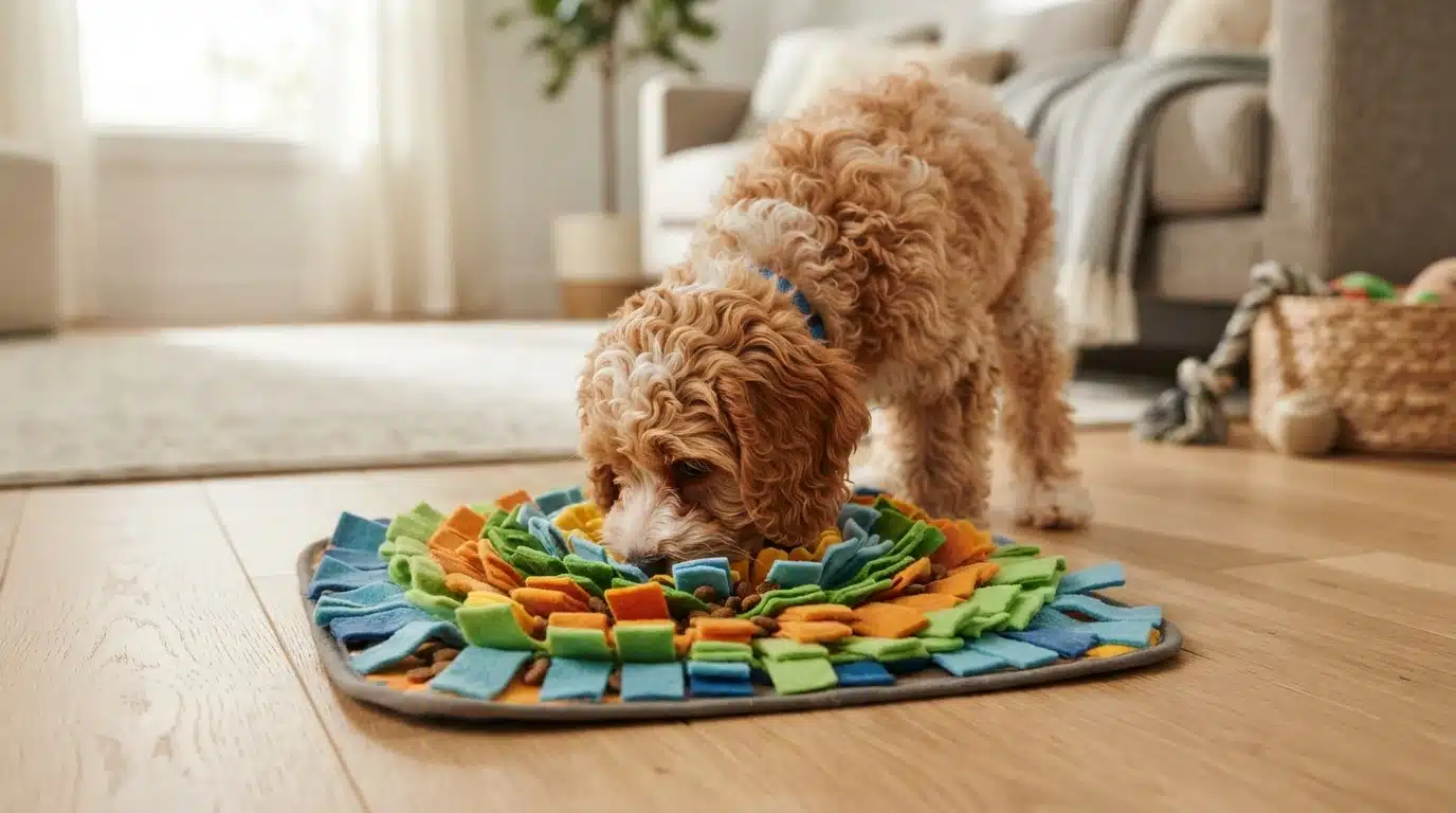Cavapoo puppy sniffing kibble in a snuffle mat