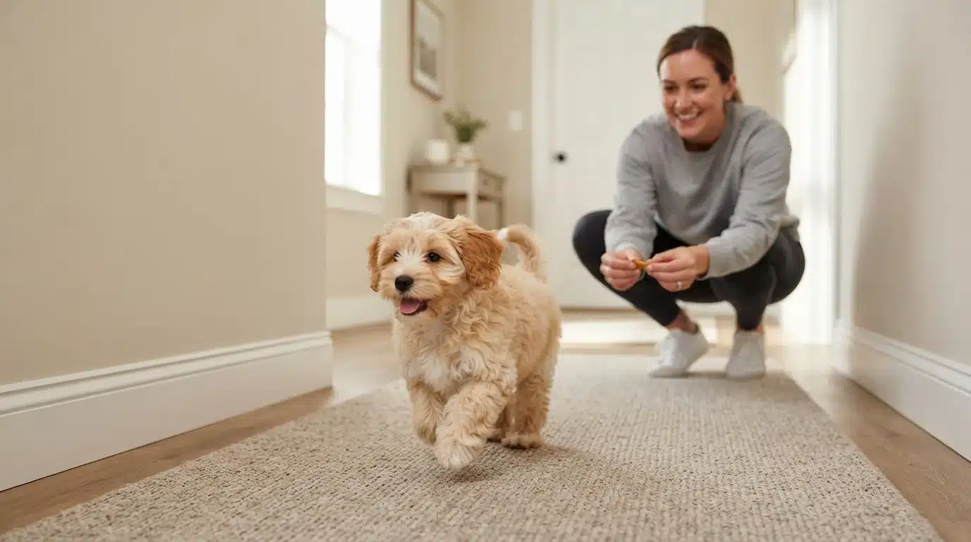 Cavapoo puppy running down carpeted hallway toward person with treat