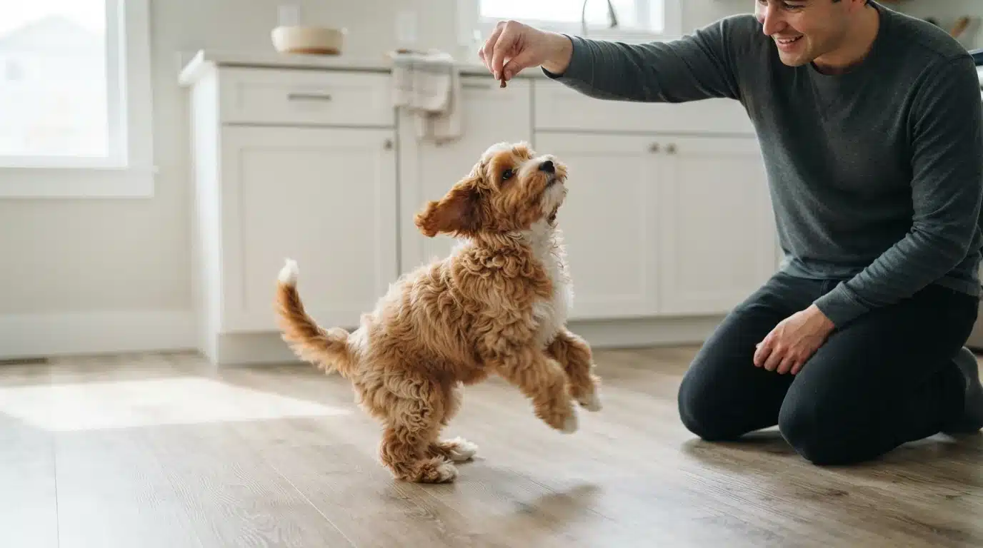 Cavapoo puppy spinning for a treat indoors