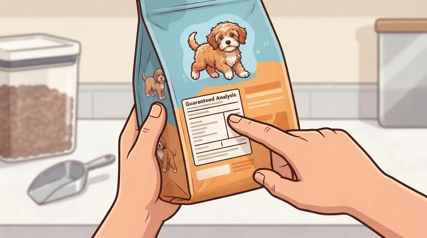 Hands pointing at dog food bag panel