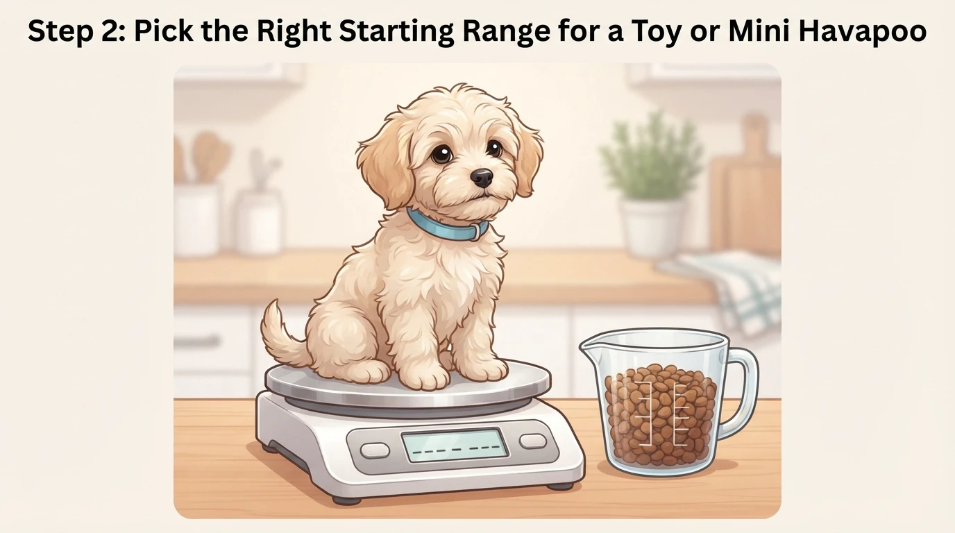 Havapoo puppy on kitchen scale with kibble