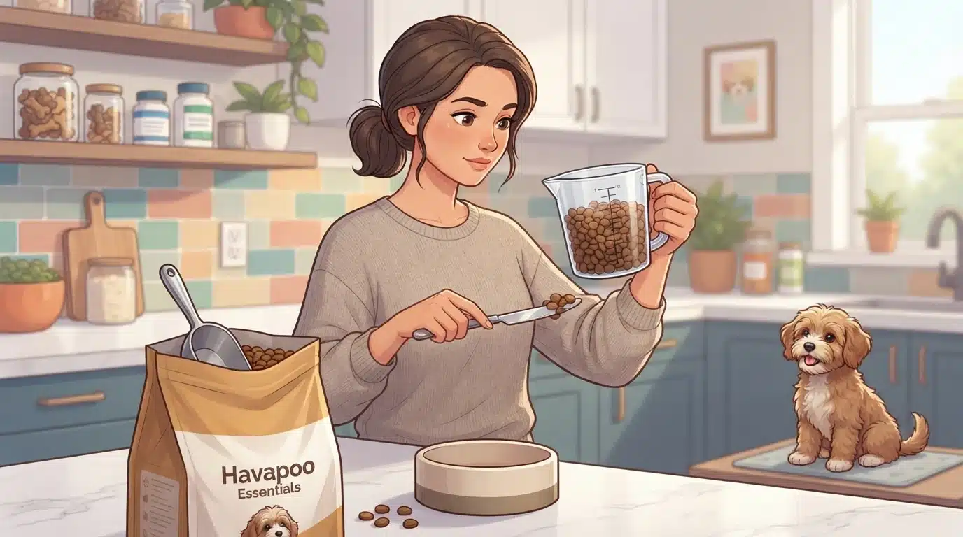 Owner leveling kibble in a measuring cup on a kitchen counter