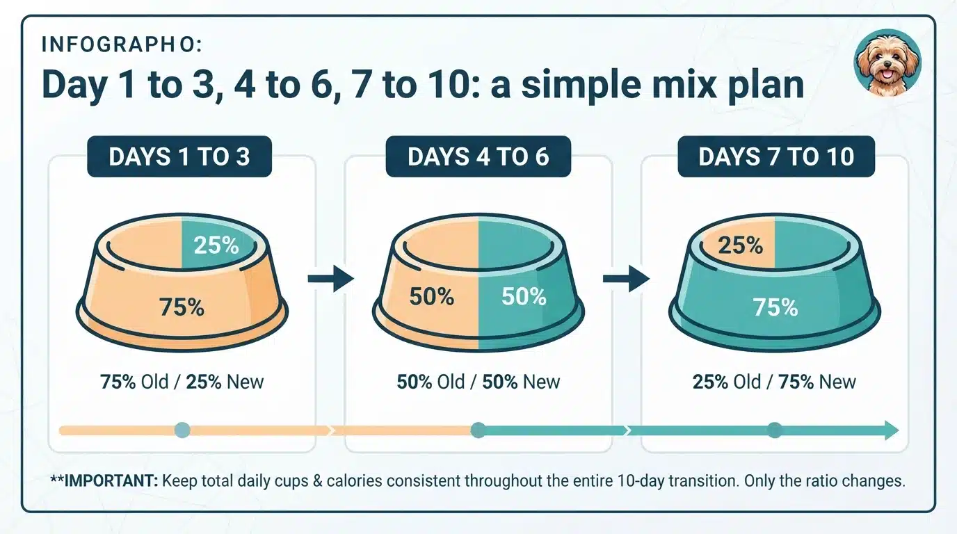 Three-step kibble mixing ratio diagram