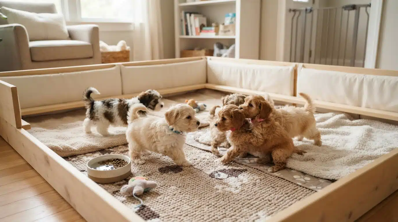 Fluffy puppies in a tidy home pen
