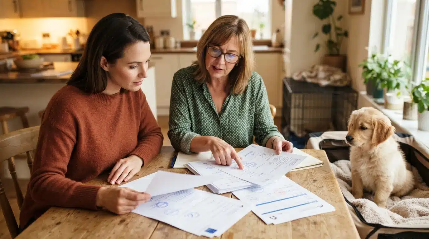 Breeder and buyer reviewing stamped vet health records at a kitchen table with a fluffy puppy nearby