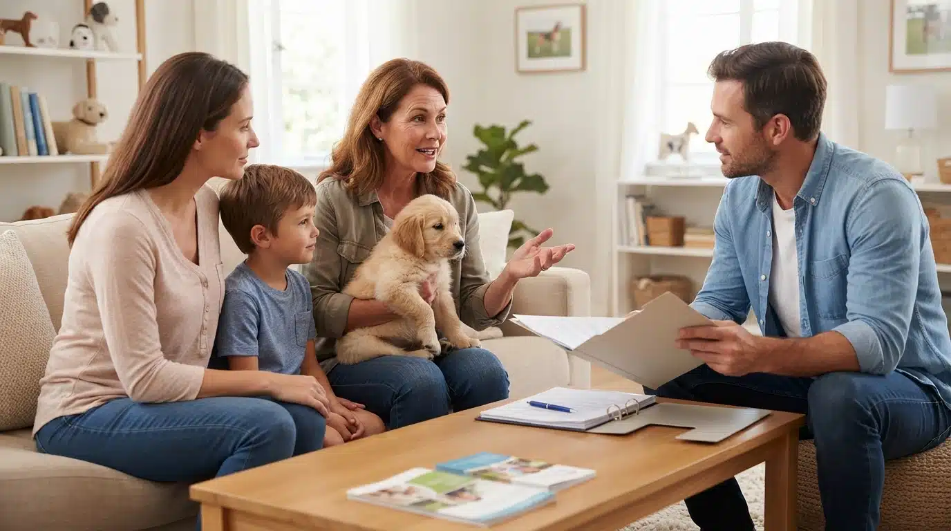 Breeder holding puppy while talking with family