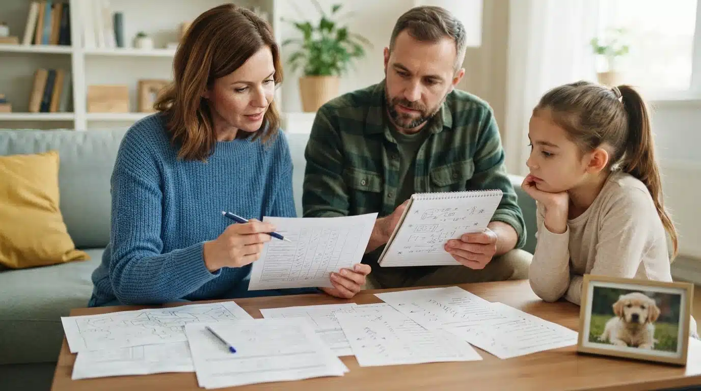 Family reviewing checklist at kitchen table