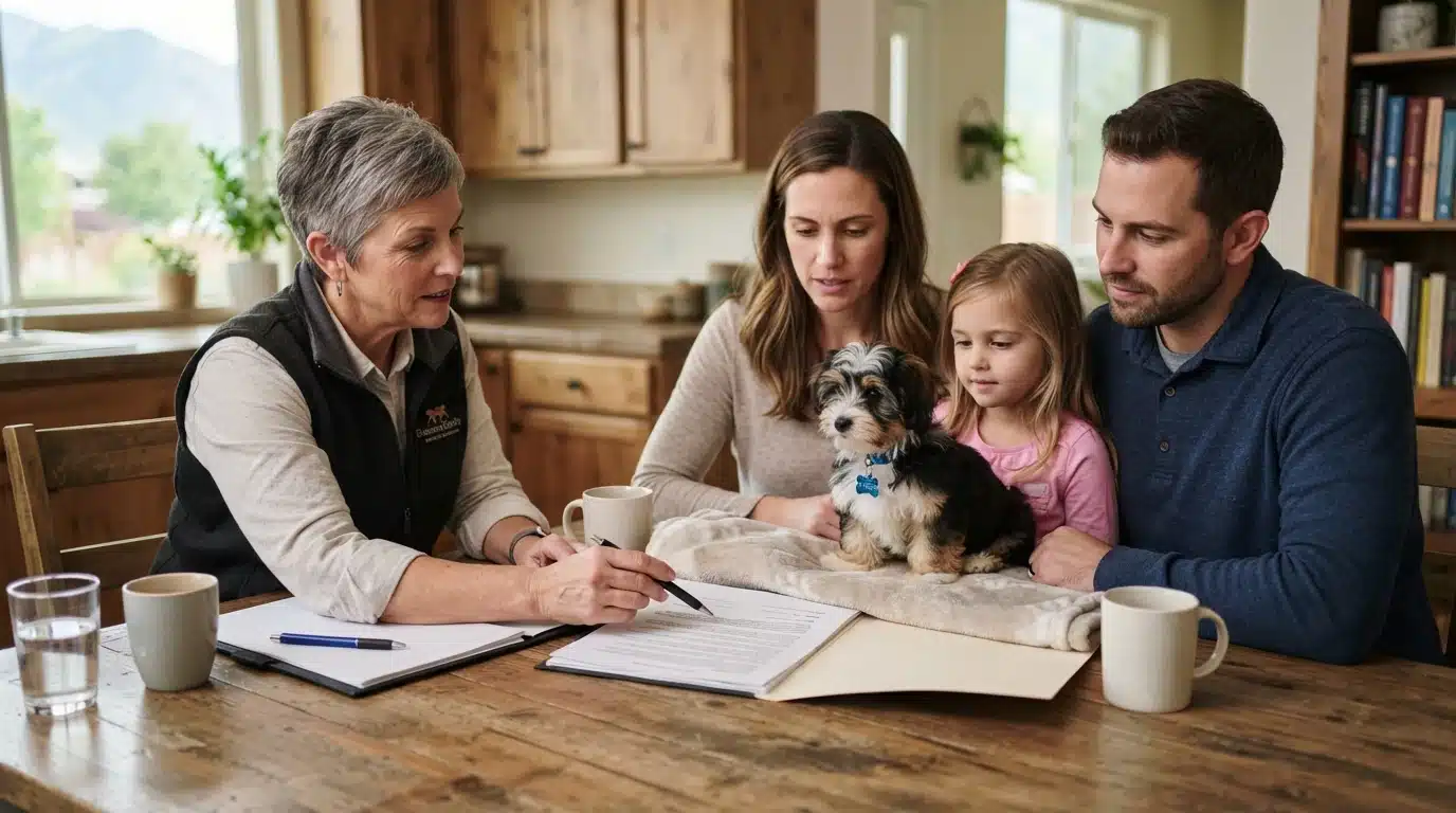 Family reviewing contract with Havanese puppy at kitchen table
