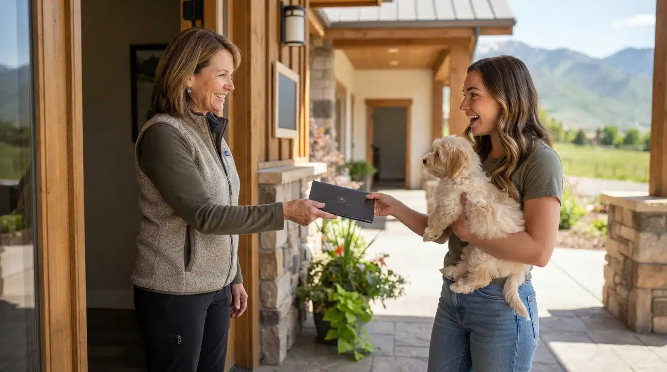 Breeder hands puppy paperwork at sunlit kennel door