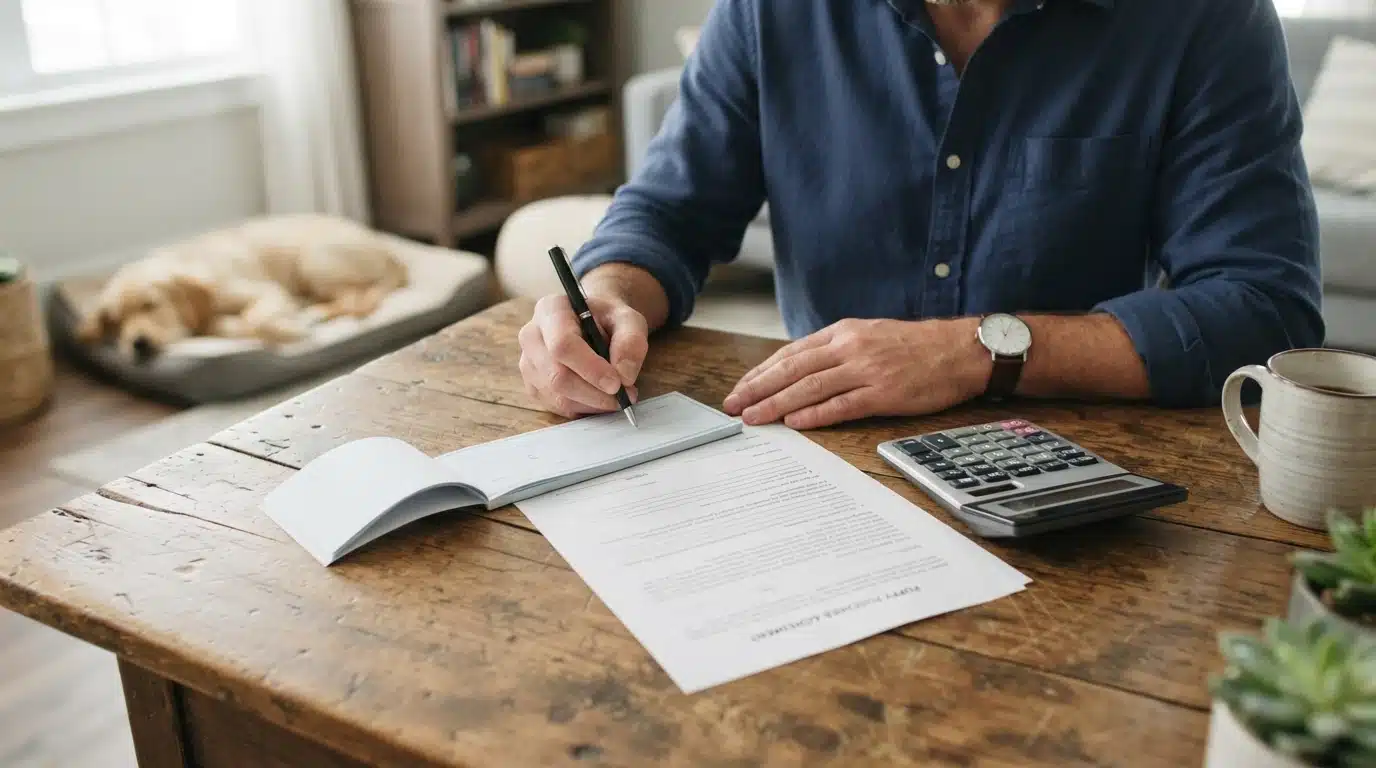 Buyer signing a printed puppy contract with calculator on a wooden desk
