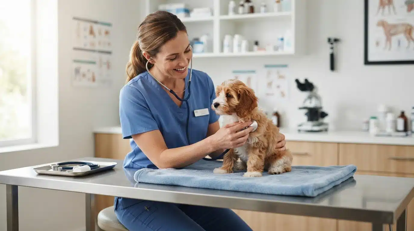 Small Cavapoo puppy examined in bright veterinary clinic
