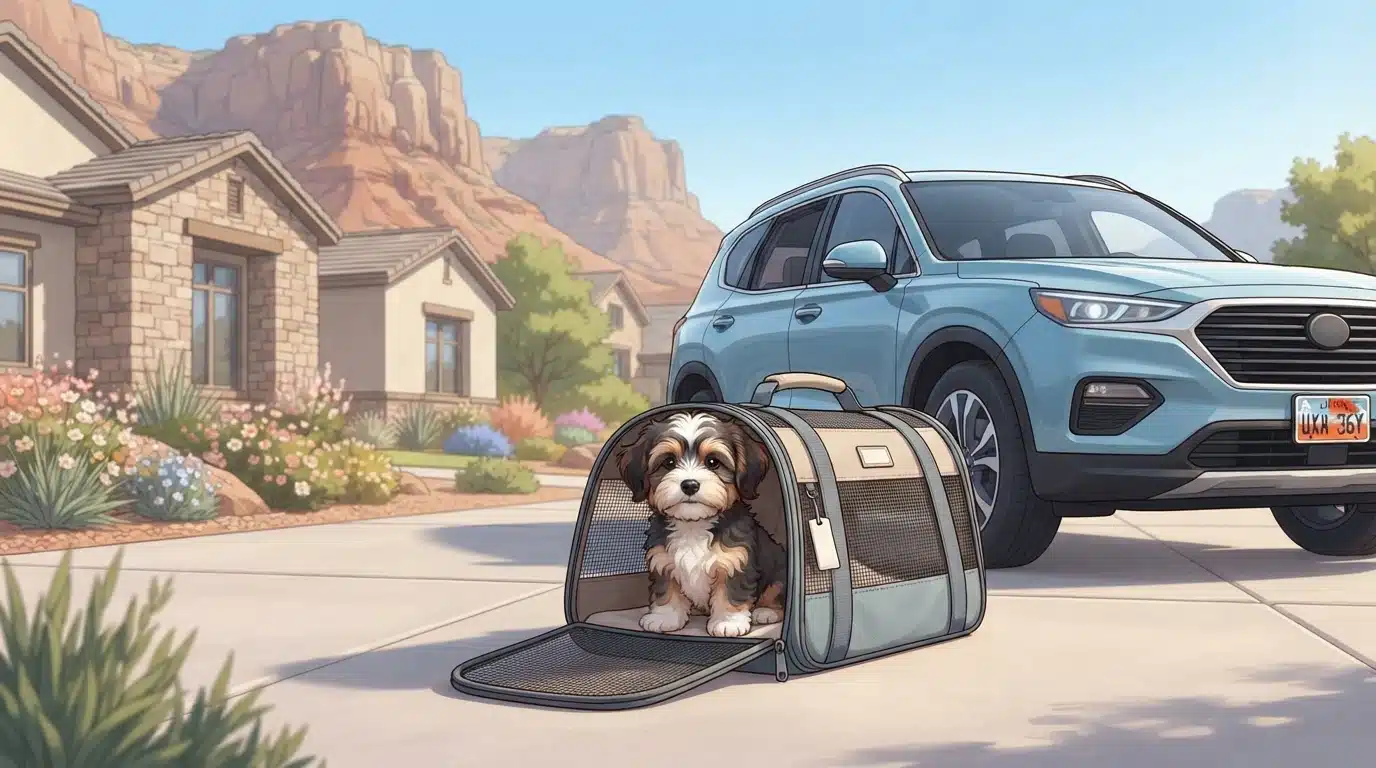 Fluffy puppy in carrier beside a car in a sunny driveway